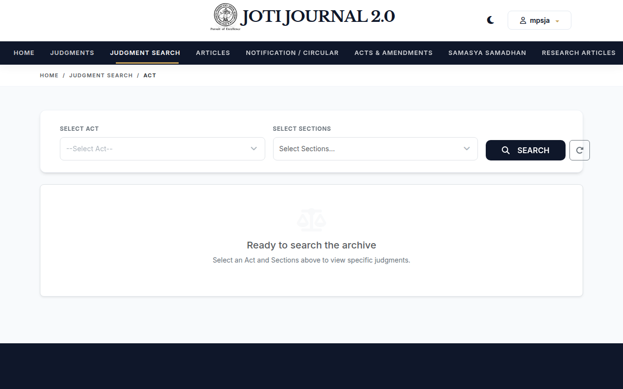 Screenshot of the Act search page