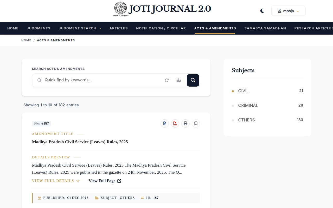 Screenshot of the Acts and Amendments page