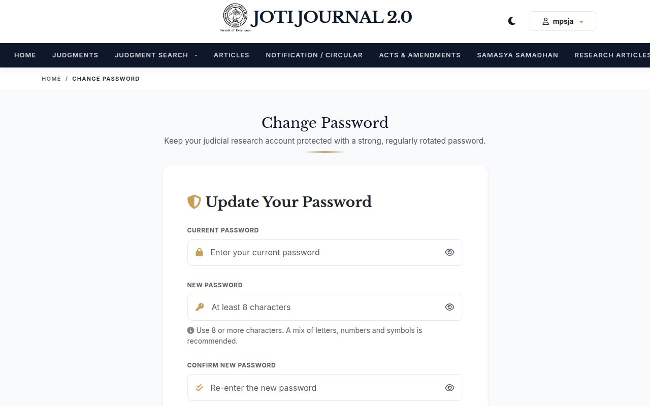 Screenshot of the Change Password page