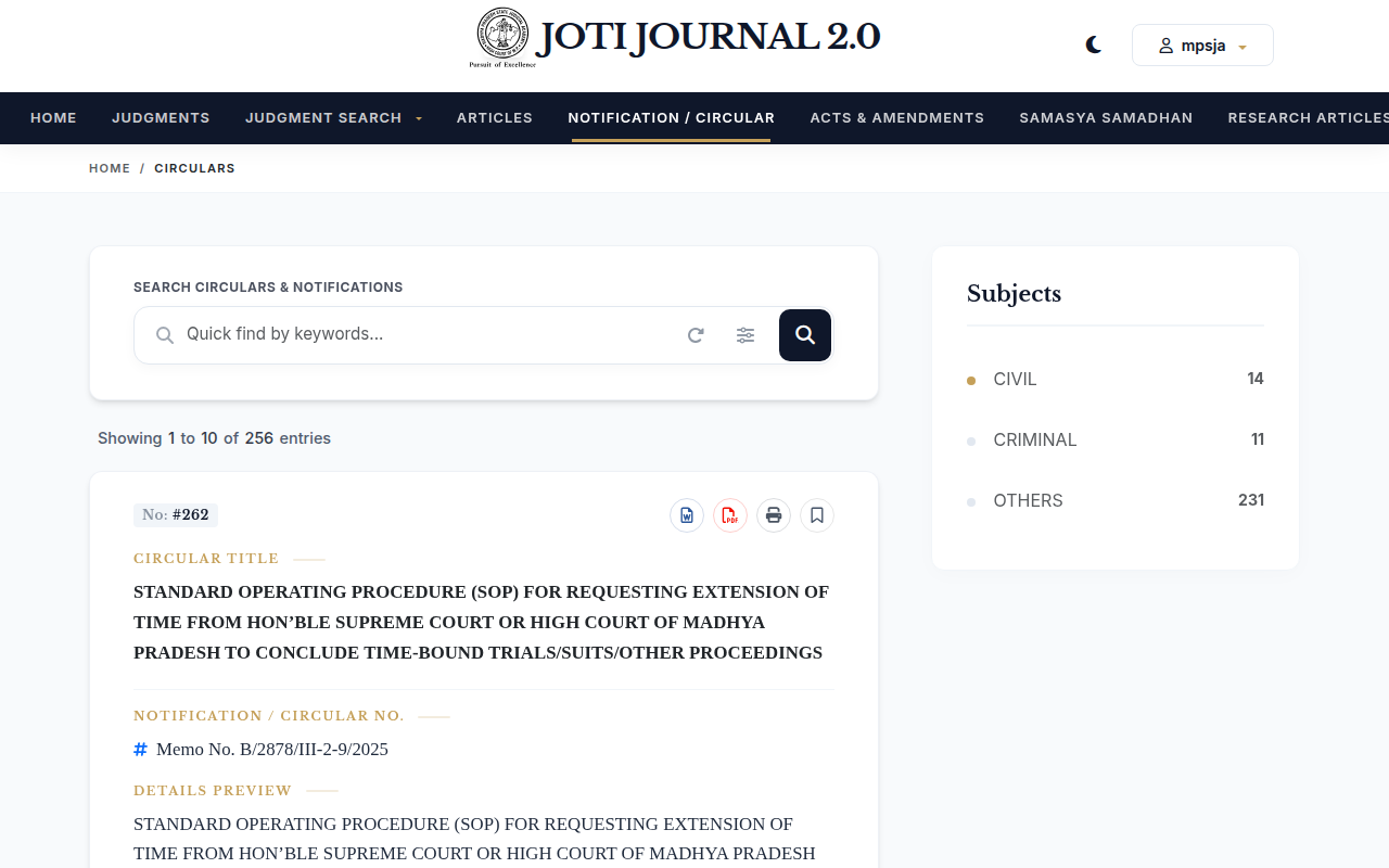 Screenshot of the Notifications / Circulars page