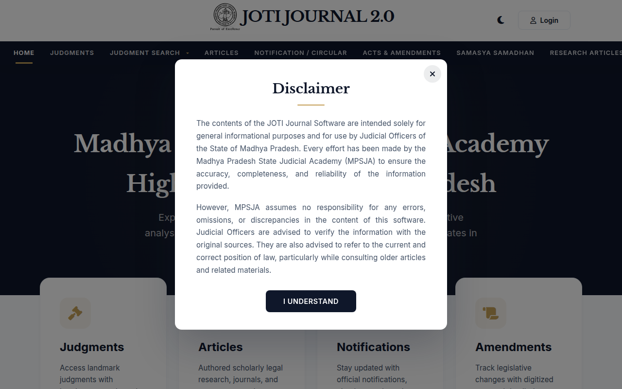 Screenshot of the Disclaimer popup on the home page