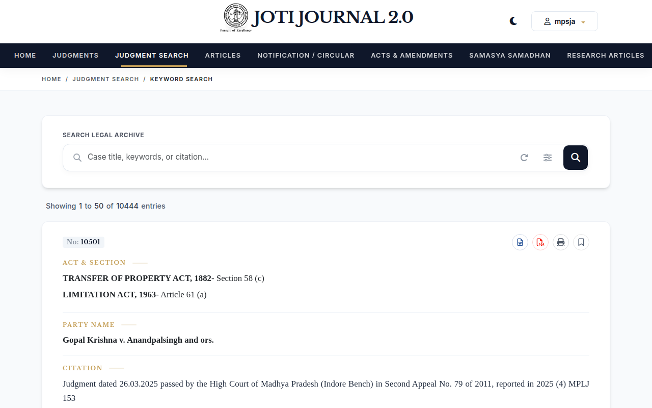 Screenshot of the KeyWord Search page