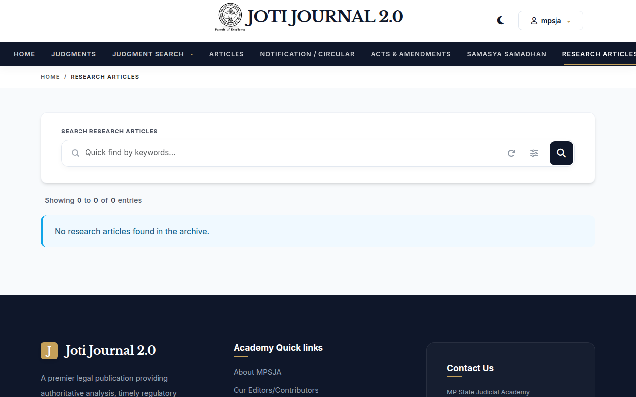 Screenshot of the Research Articles page
